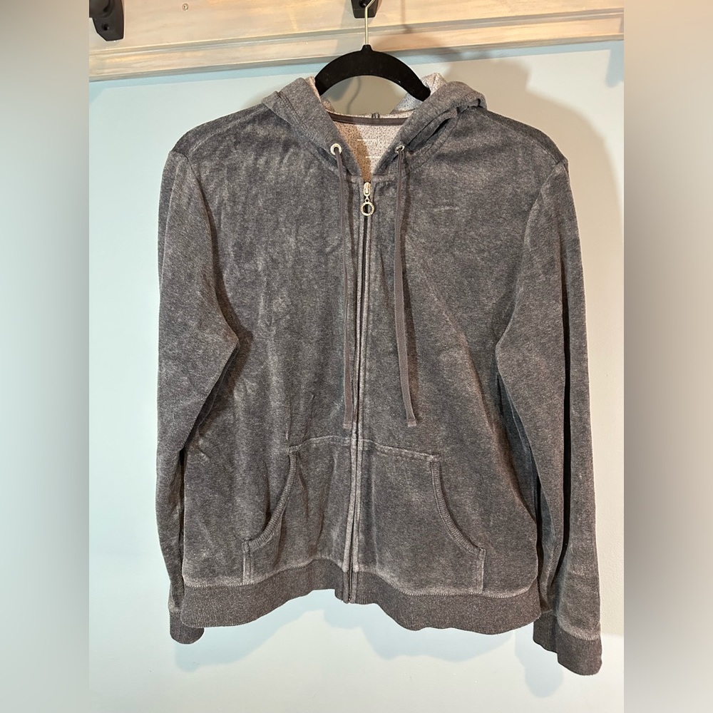Y2K New York & Company Comfort Zone Dark Grey Velour Zip Up Hooded Sweatshirt